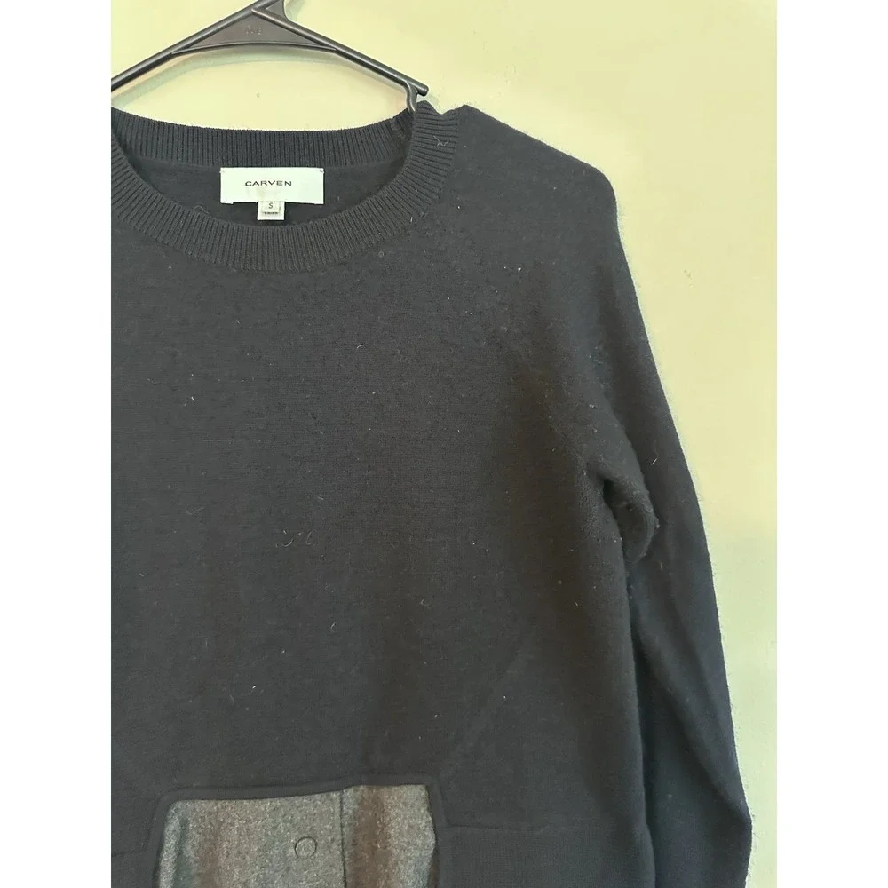 Carven 100% Wool SMALL Layered Sweater Crew Neck Navy Blue Dress Shirt Structure